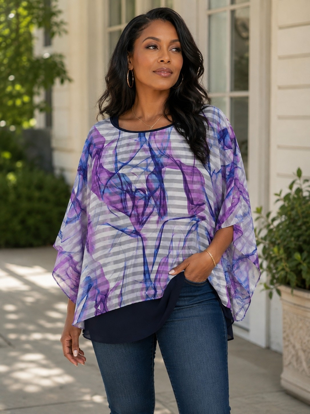Style & Co. Purple and Navy Sheer Striped Tunic Top